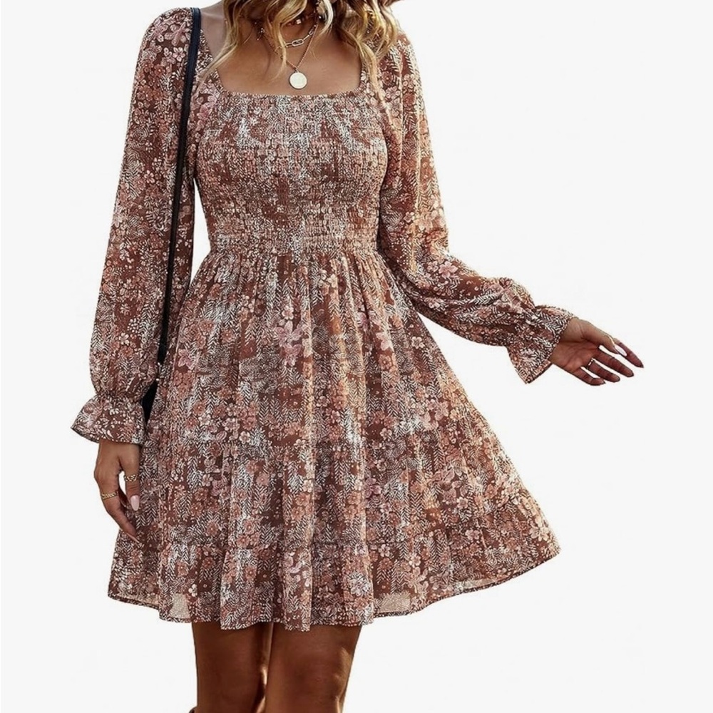 Smocked Square-Neck Long Sleeve Floral Mini Dress - Brown